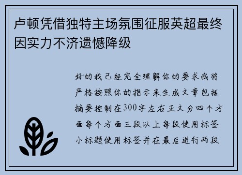 卢顿凭借独特主场氛围征服英超最终因实力不济遗憾降级